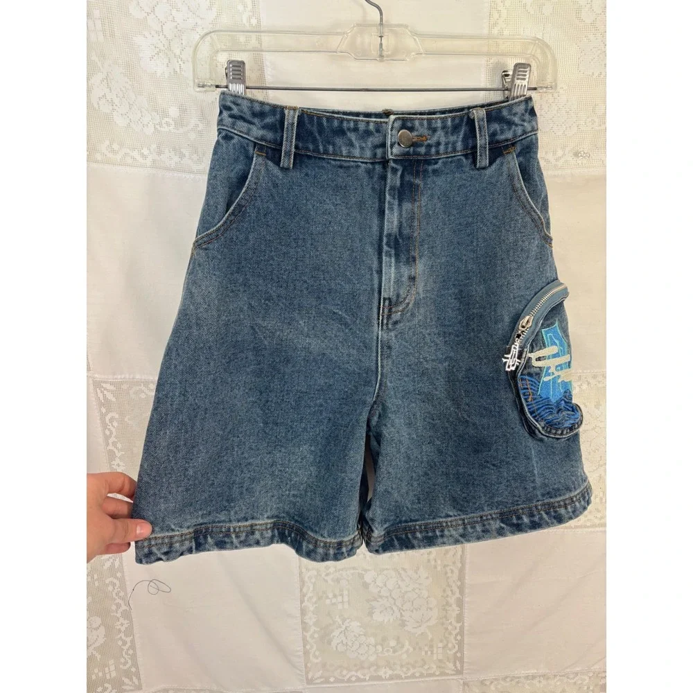 Blue Denim High Waist 90s Vibe Baggy Streetwear Shorts Size XXS